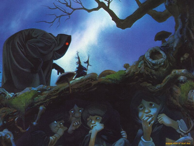 Children hiding from a cloaked figure
