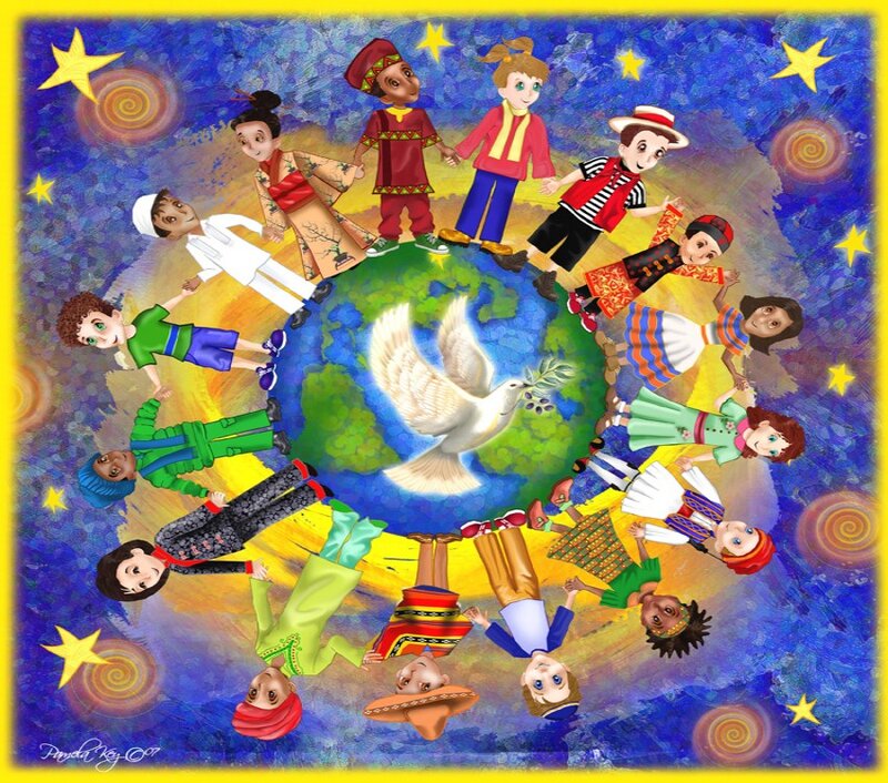 Children Holding Hands Around Globe — Blue