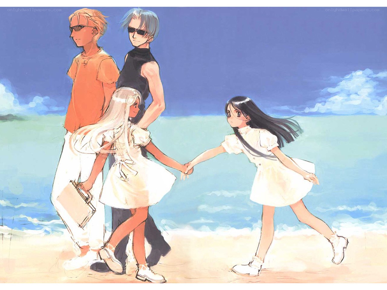 Children holding hands on a beach