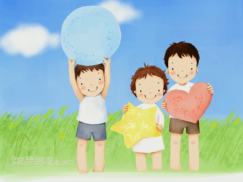 Children holding shapes in a field