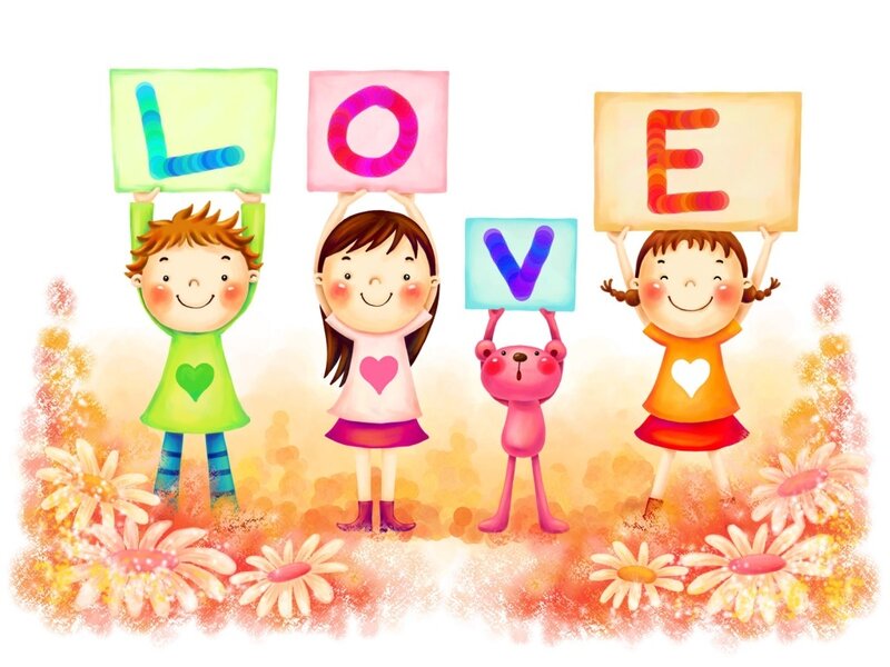 Children holding signs spelling LOVE