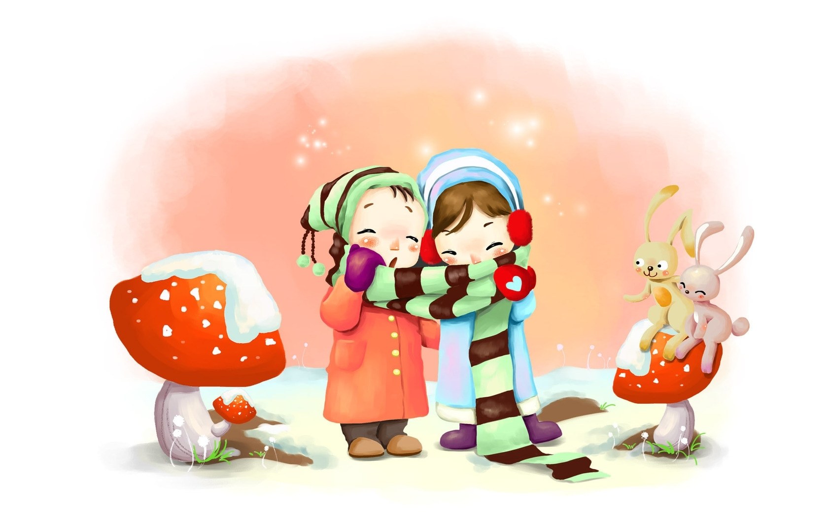 children hugging in winter