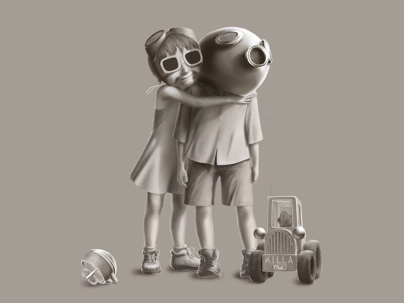 Children hugging robot friend