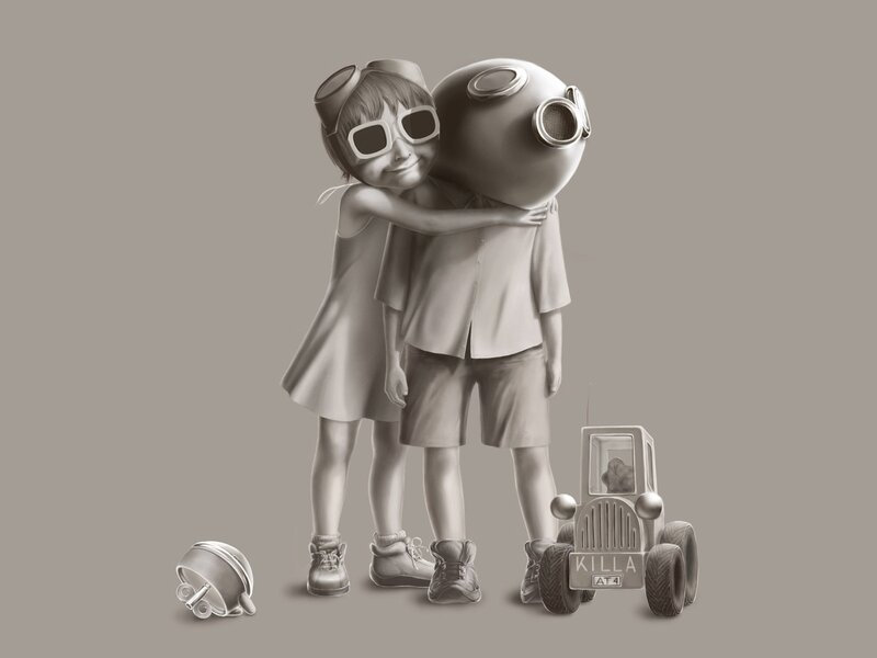 Children hugging robot