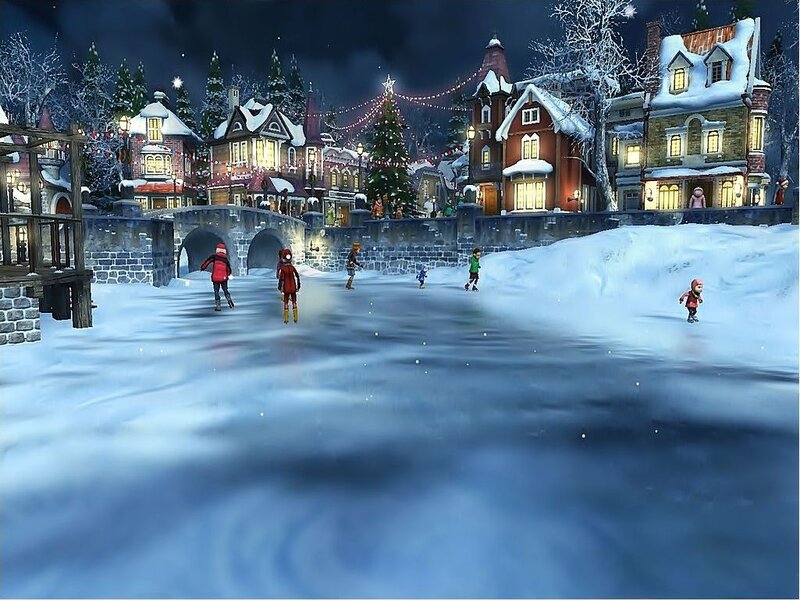 Children Ice Skating — Blue, Festive, Night, 3d Render
