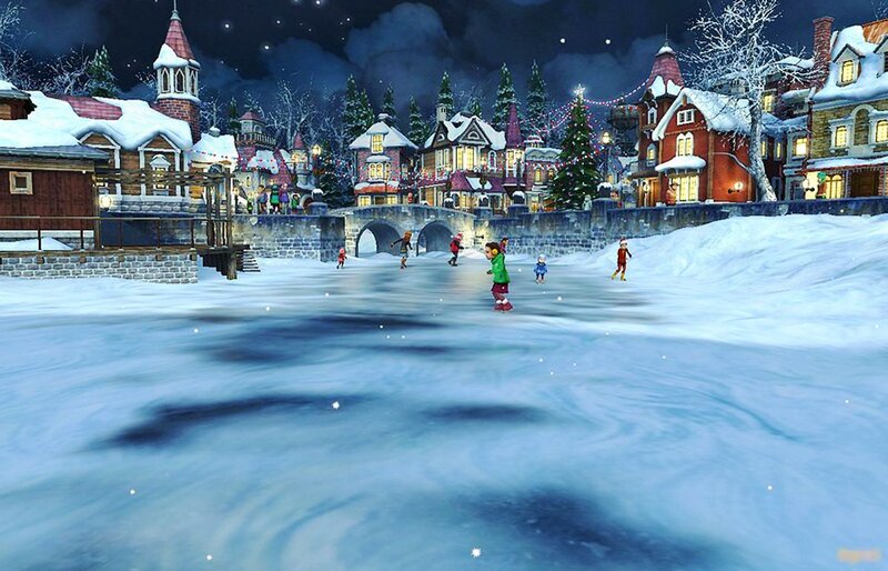 Children Ice Skating — Blue, Festive, Night, Digital Art
