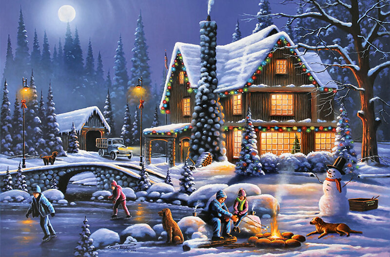 Children Ice Skating — Blue, Festive, Night, Illustration