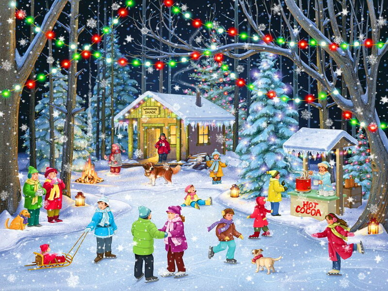 Children Ice Skating — Blue, Festive, Night