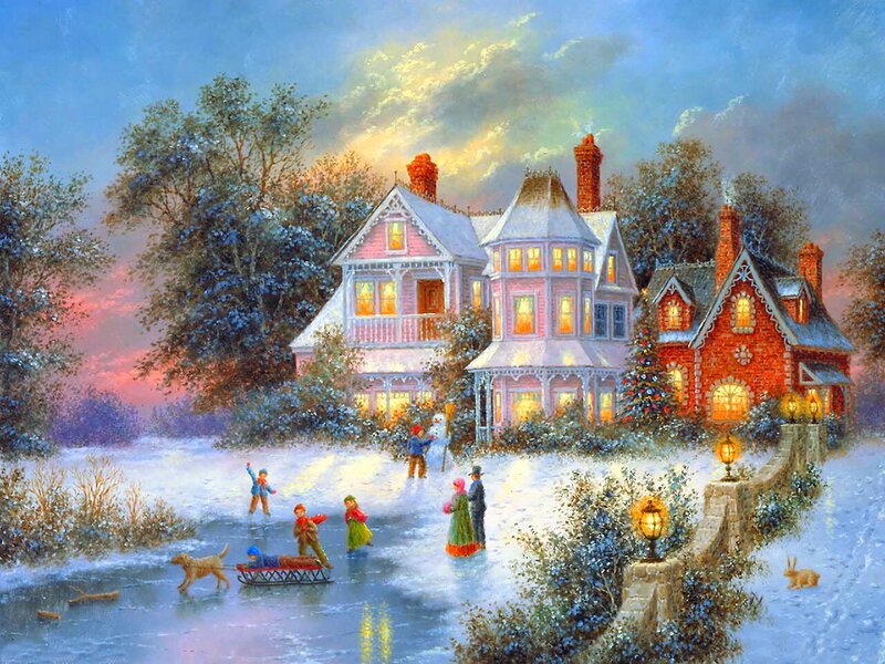Children Ice Skating — Blue, Festive, Winter, Painting