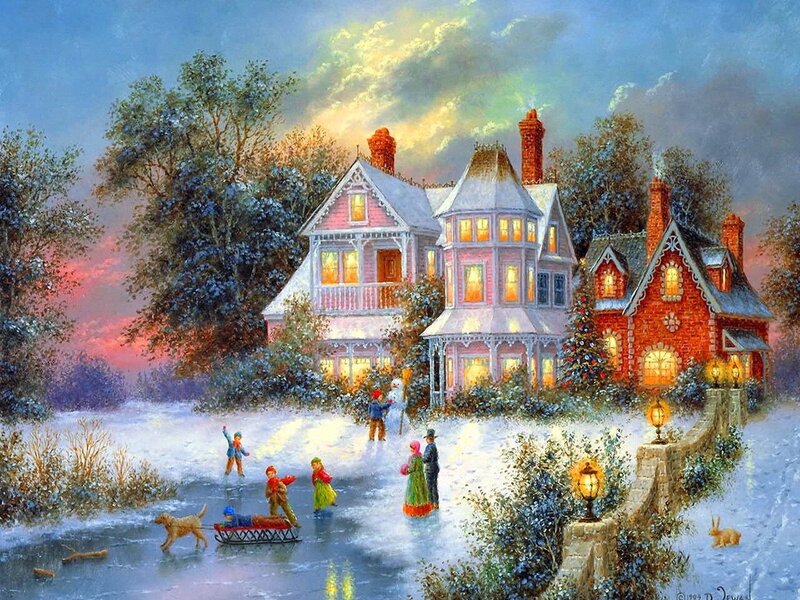 Children Ice Skating — Blue, Peaceful, Winter, Painting