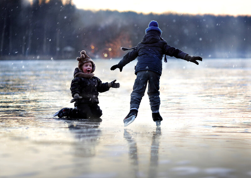 Children Ice Skating — Blue, Playful