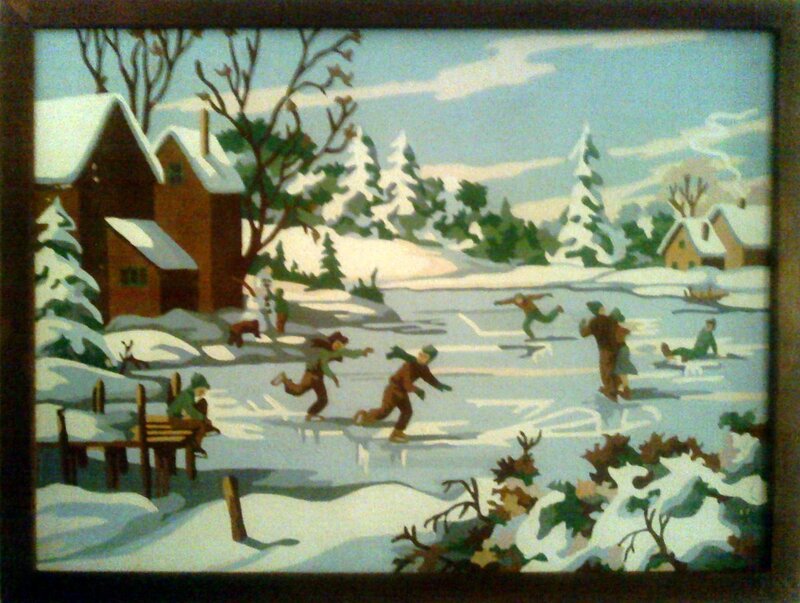 Children ice skating on a frozen pond