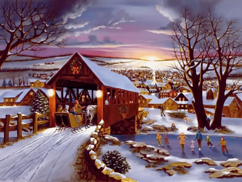 Children Ice Skating — White, Peaceful, Winter, Illustration