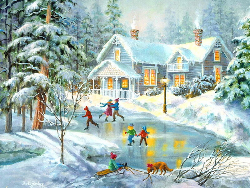 Children Ice Skating — White, Peaceful, Winter, Painting, House