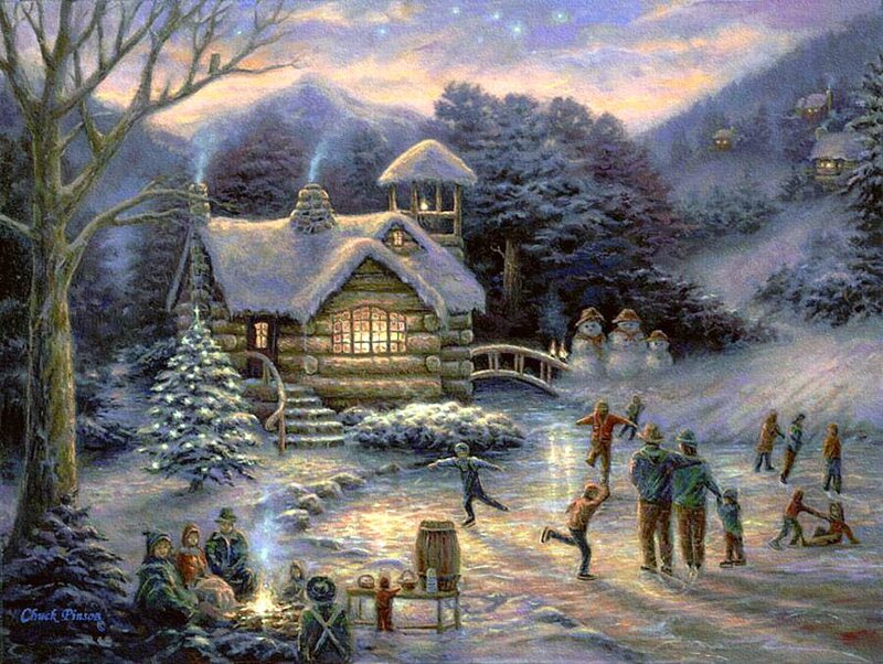 Children Ice Skating — White, Peaceful, Winter, Painting