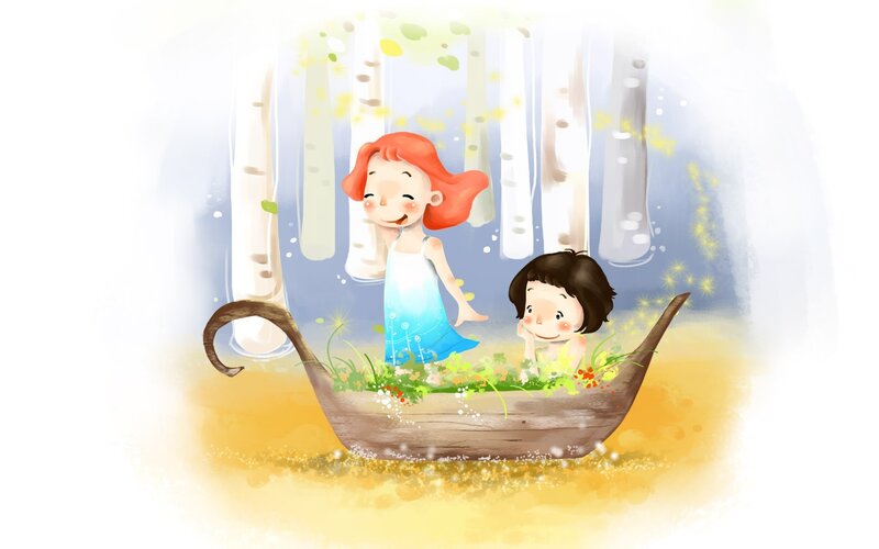Children in a boat in a forest