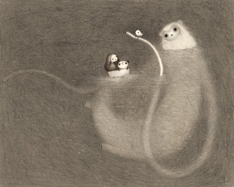 Children in a boat with a giant creature