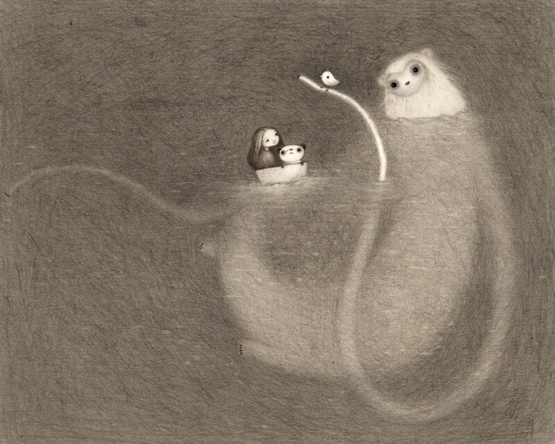 Children in a boat with a giant creature