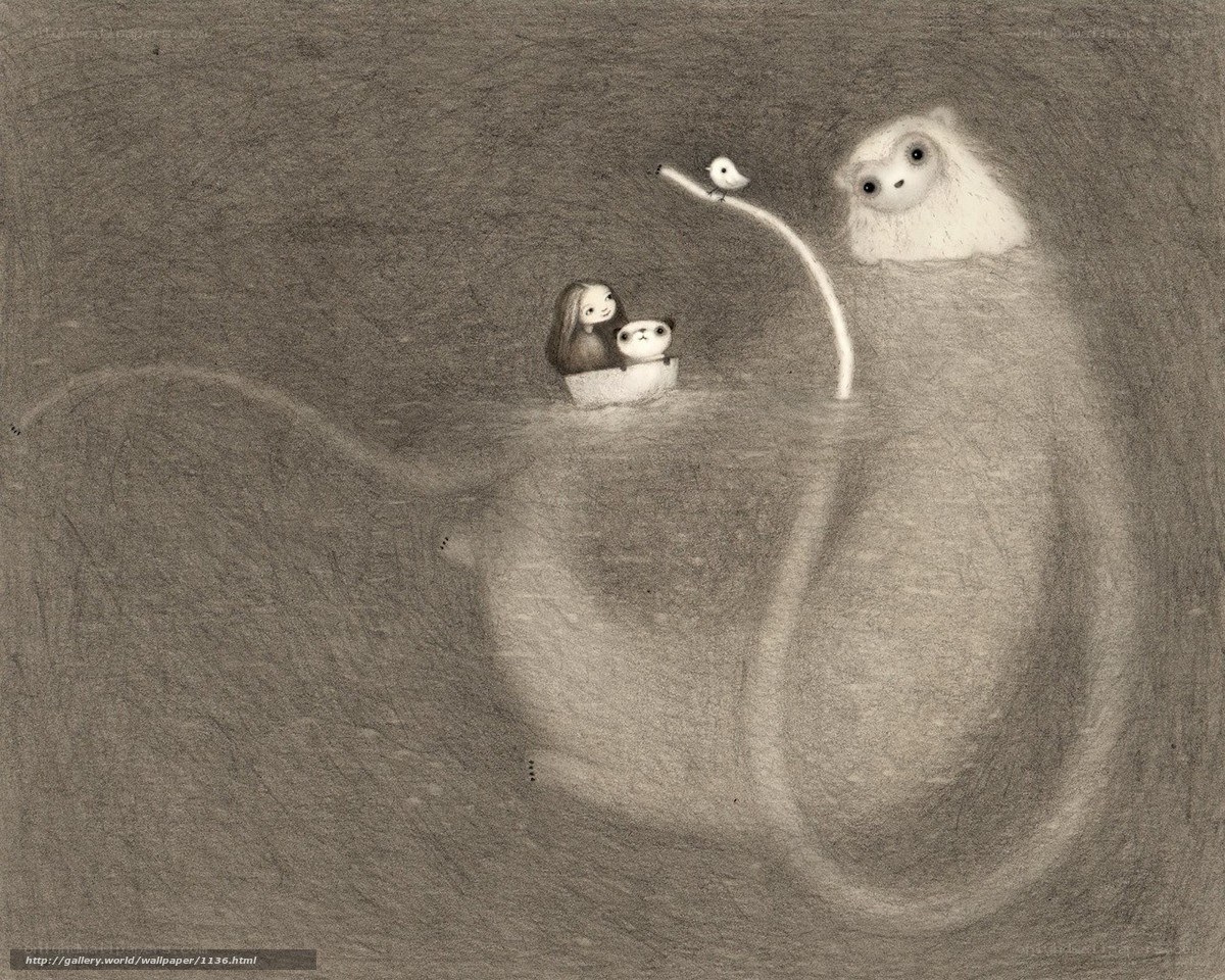 Children in a boat with a giant creature