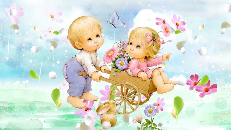 Children in a Cart — Blue, Whimsical