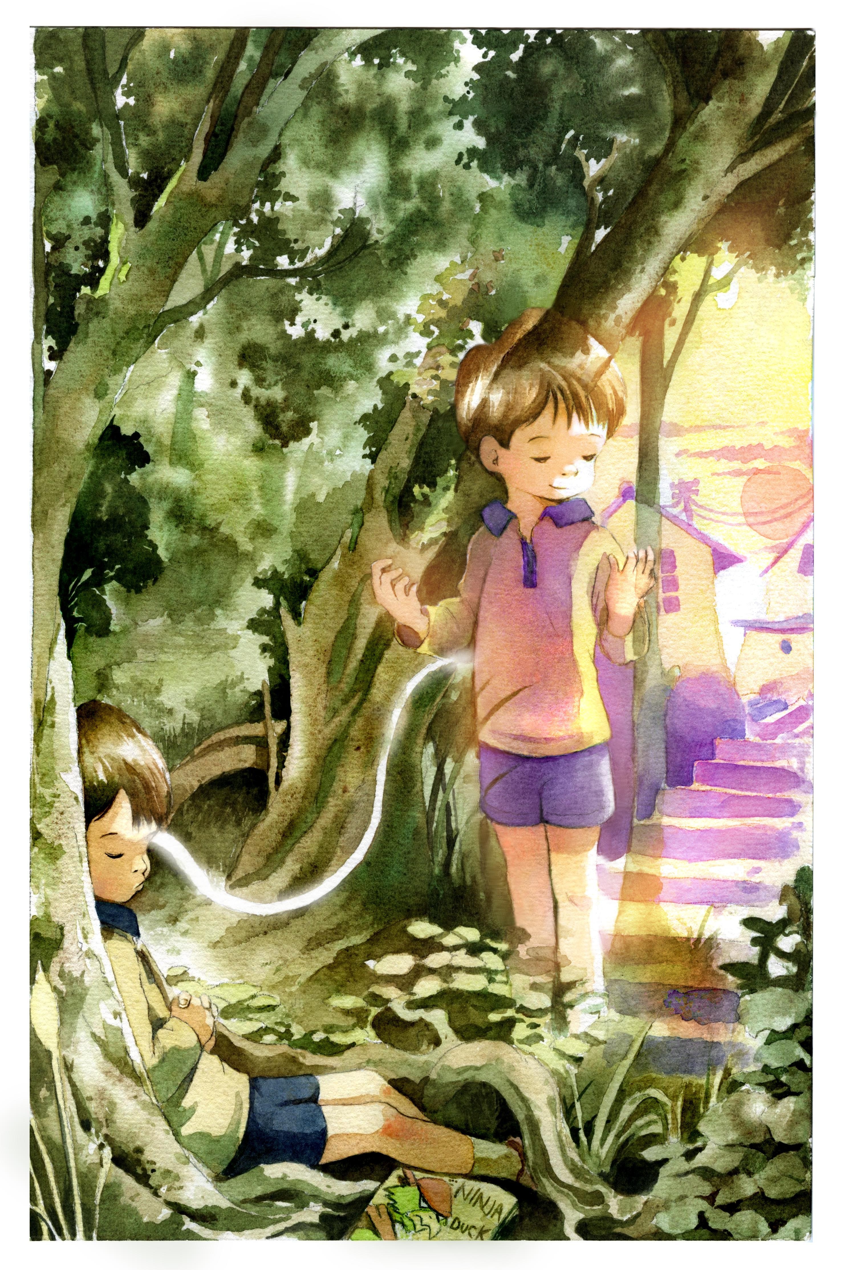 Children in a forest clearing