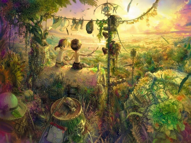 Children in a garden at sunset