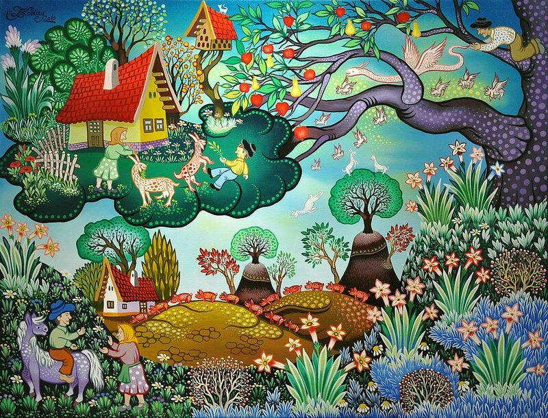 Children in a Garden — Green, Whimsical