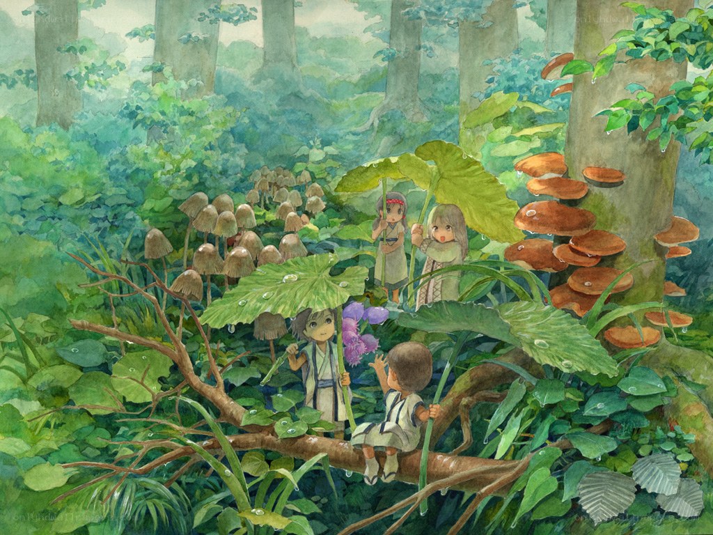 Children in a lush forest
