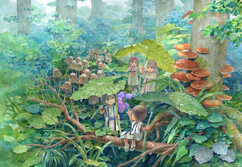 Children in a lush forest