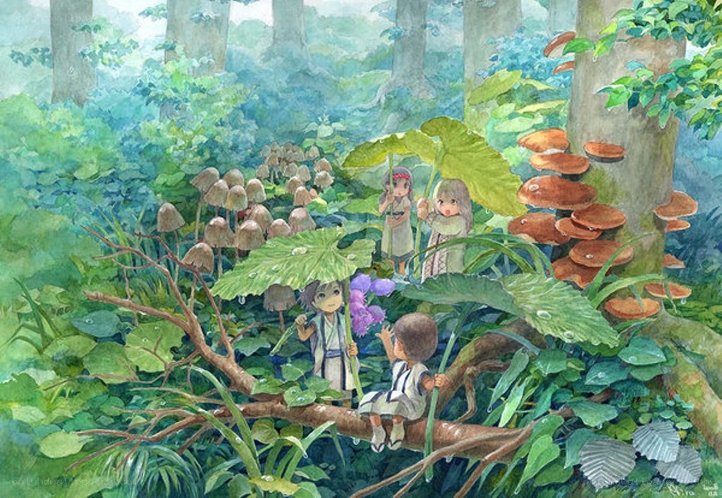 Children in a lush forest