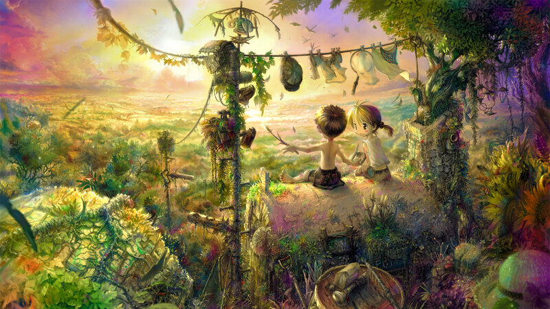 Children in a lush garden at sunset