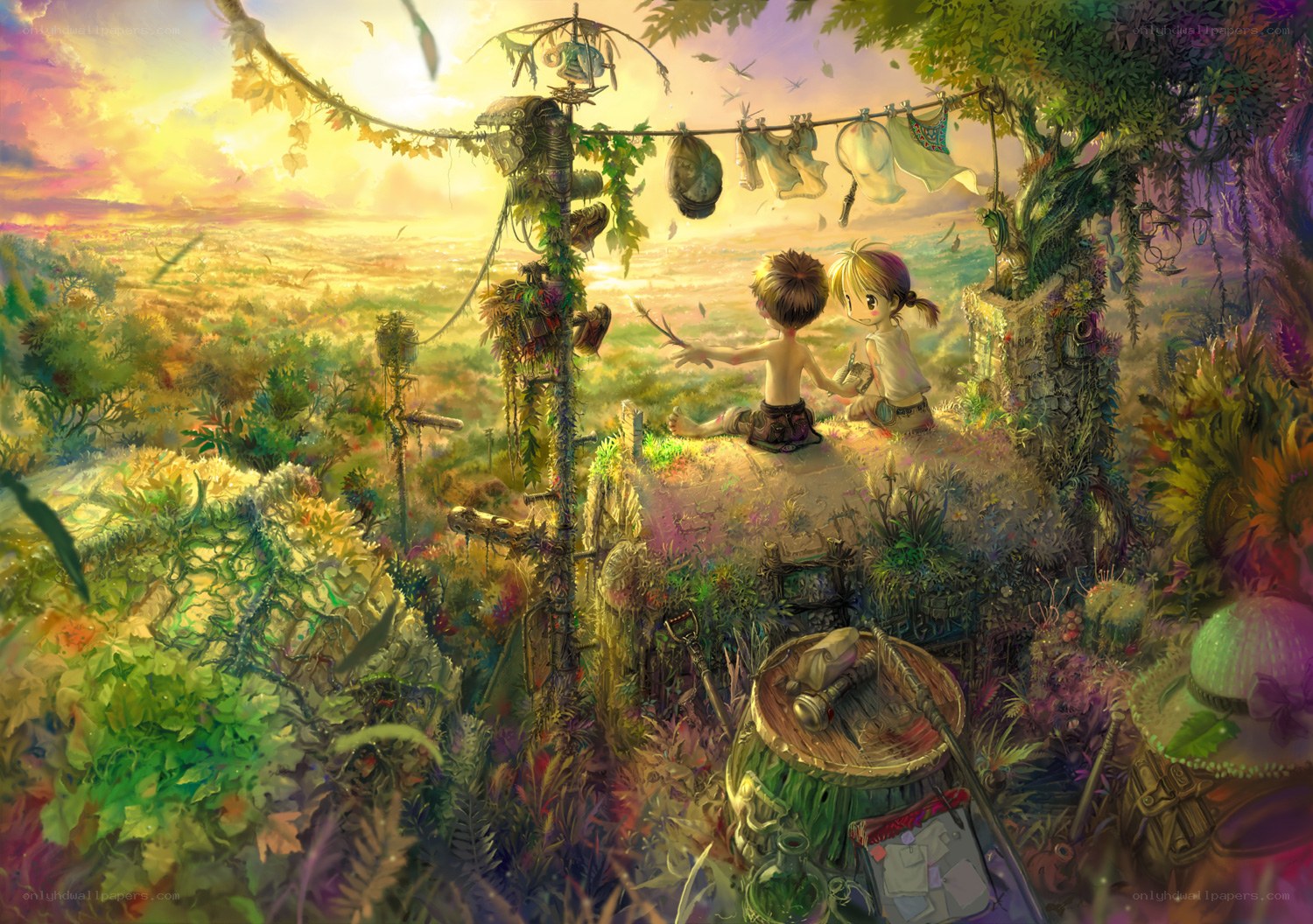 Children in a lush garden