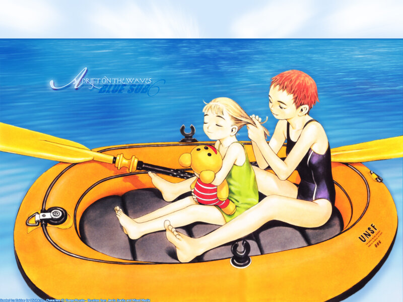 Children in a raft on the sea