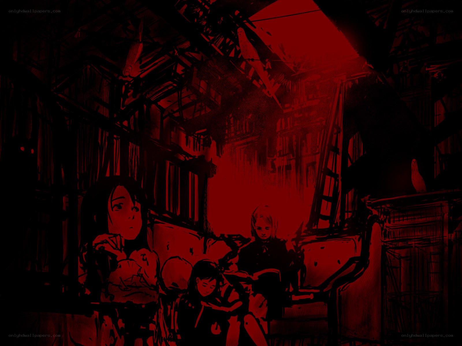 Children in a red-lit ruin