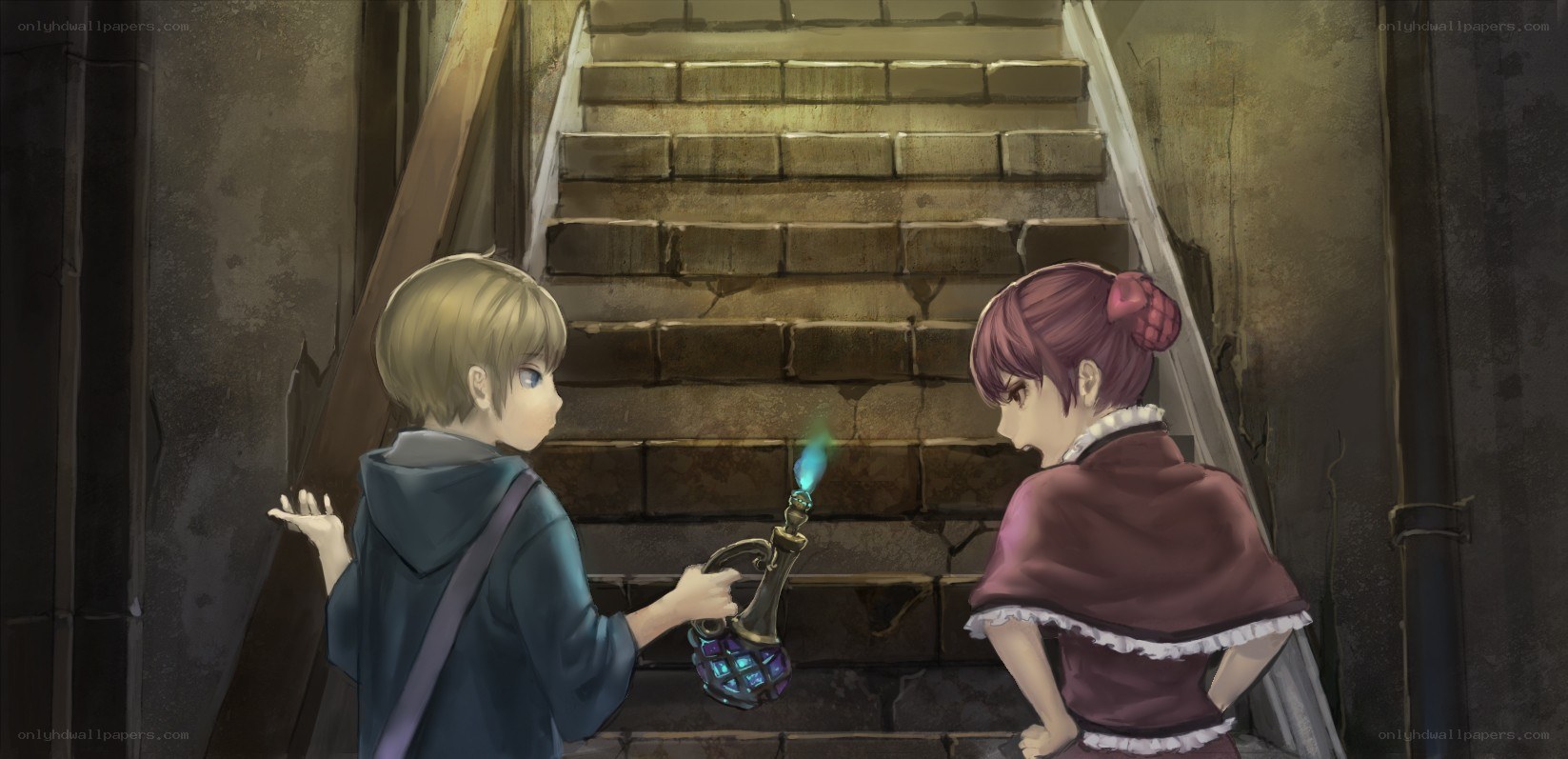 children in a stone stairwell