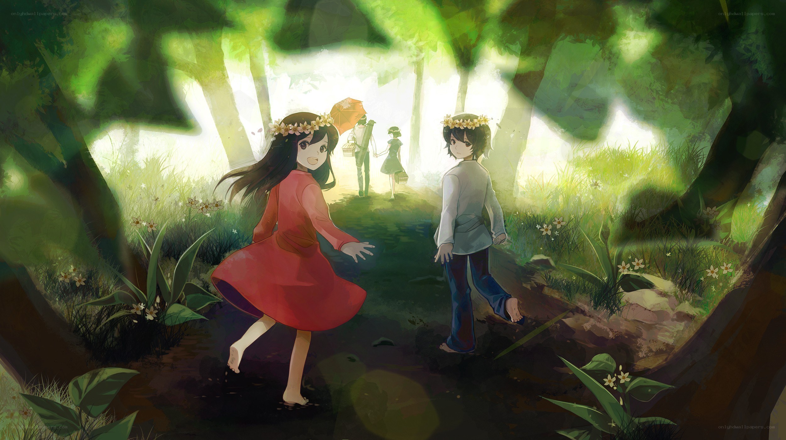 Children in a sunlit forest