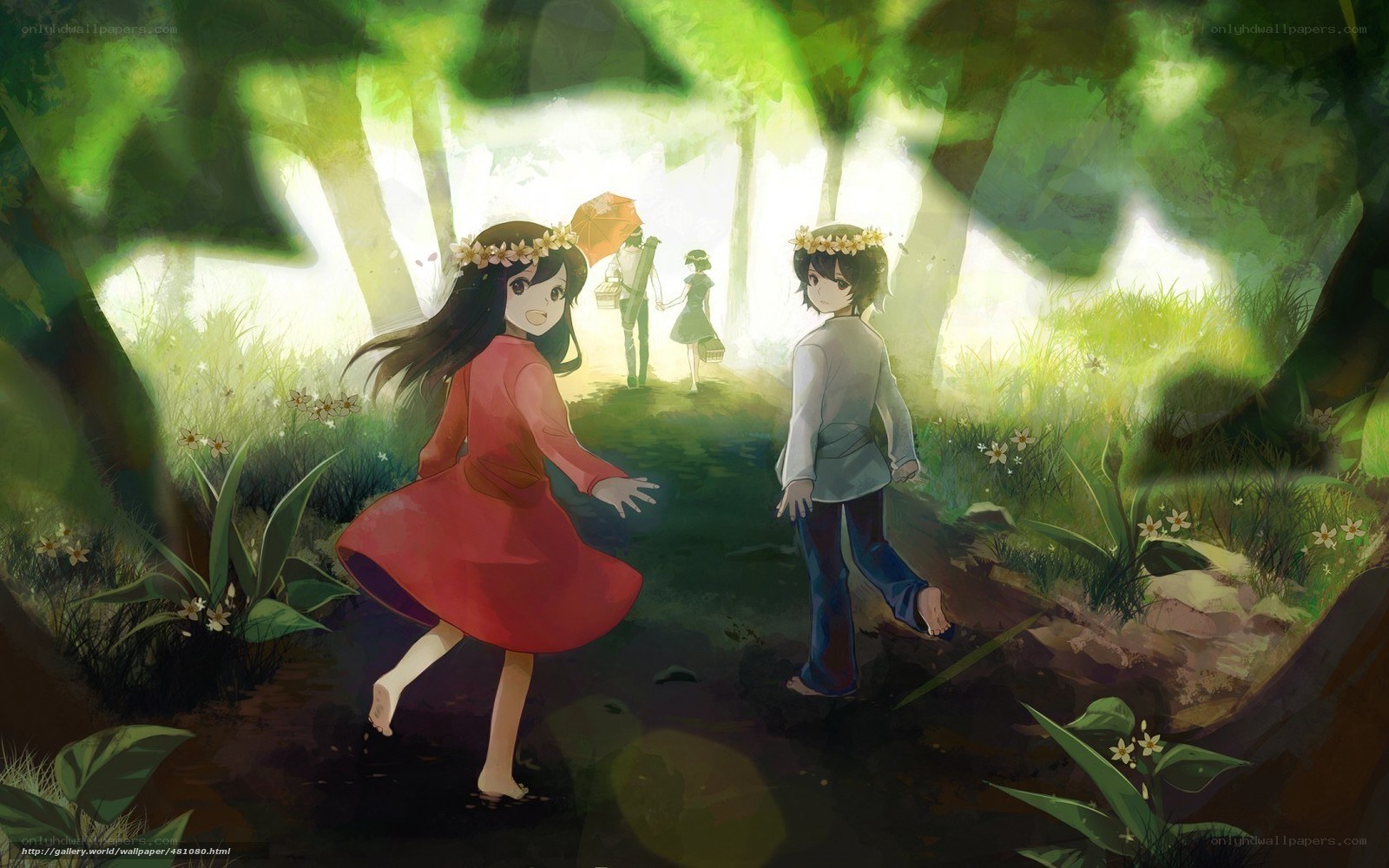 Children in a sunlit forest