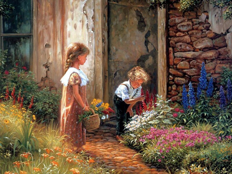 Children in a sunlit garden