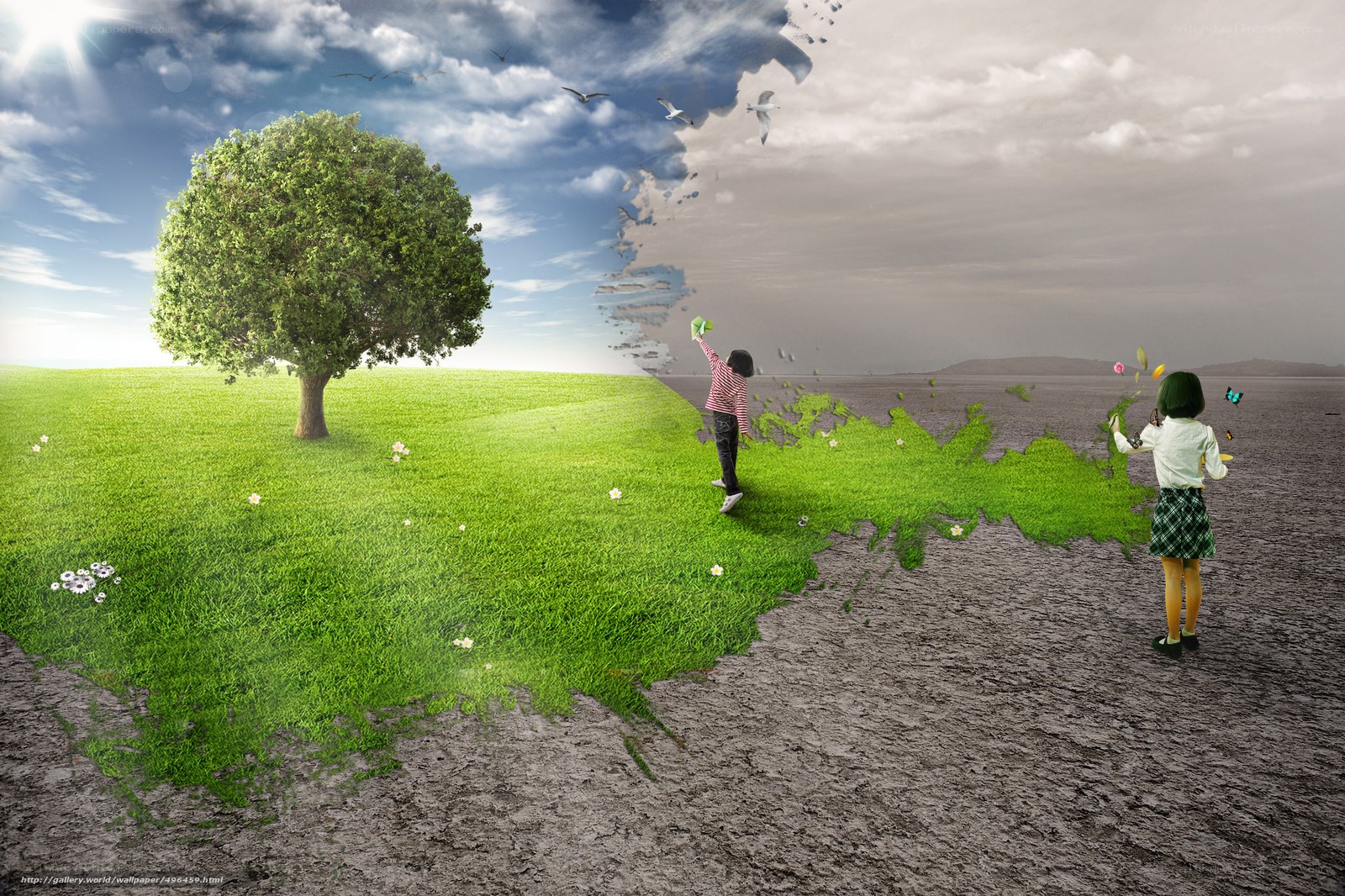 Children in a surreal landscape