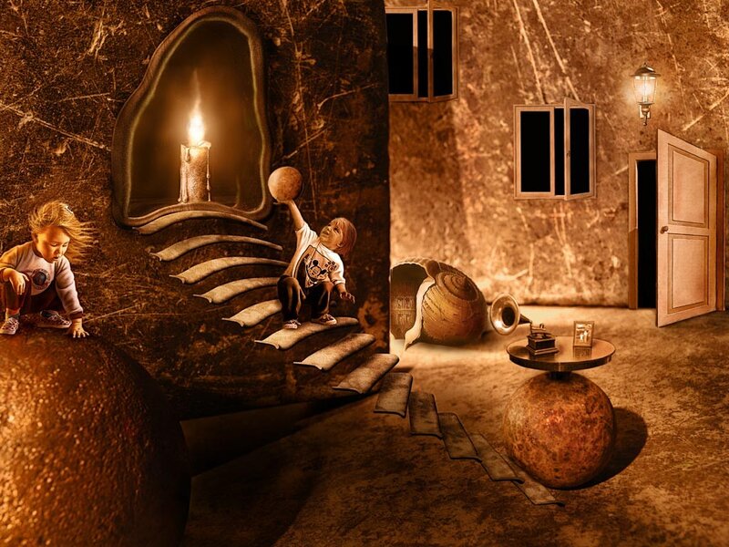 children in a surreal stone room