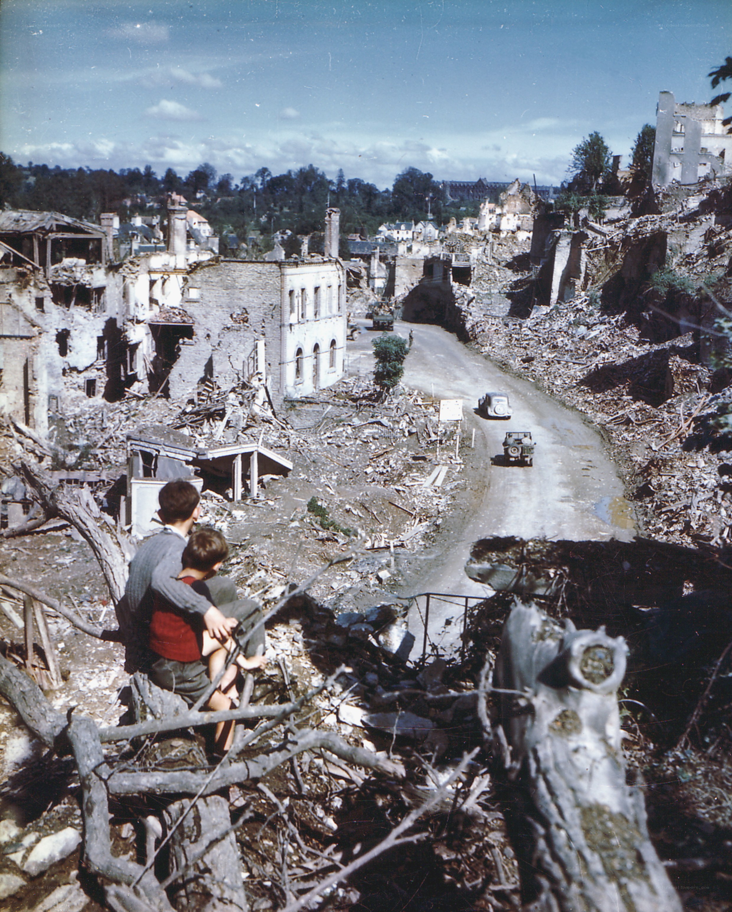 Children in a war-torn town