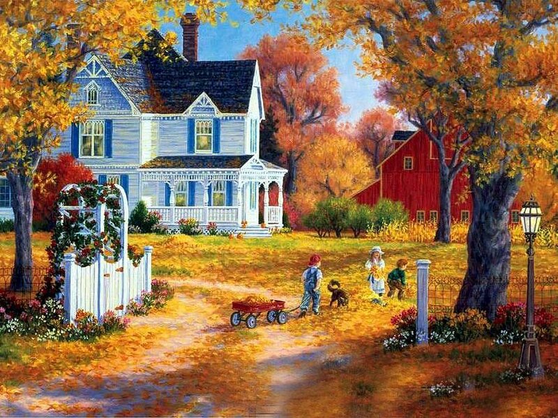Children in Autumn Yard