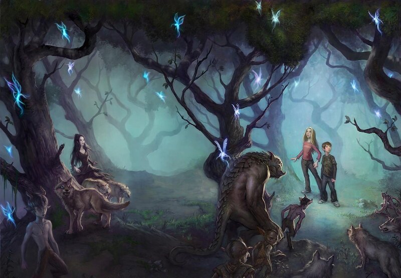 Children in Forest — Green, Mysterious, Night, Digital Art