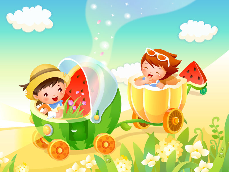 Children in fruit cars