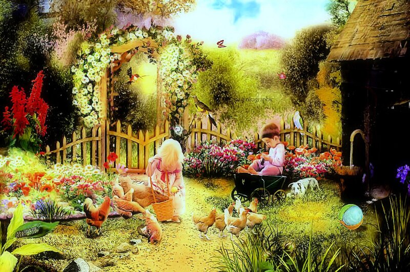 Children in Garden — Green, Serene, Afternoon, Digital Art, Chickens