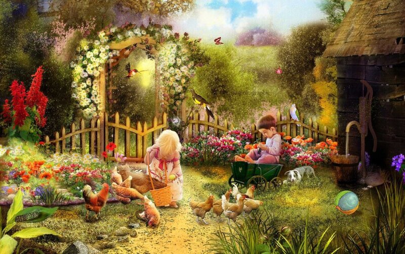 Children in Garden — Green, Serene, Afternoon, Digital Art