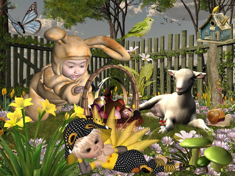 Children in Garden — Green, Serene, Spring, Digital Art