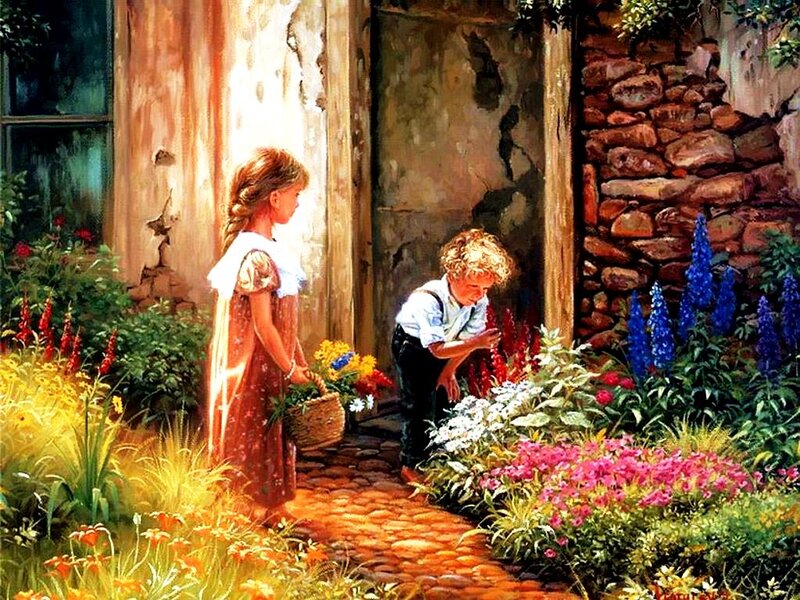 Children in Garden — Yellow, Serene
