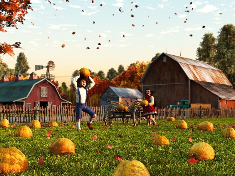 Children in Pumpkin Patch — Green