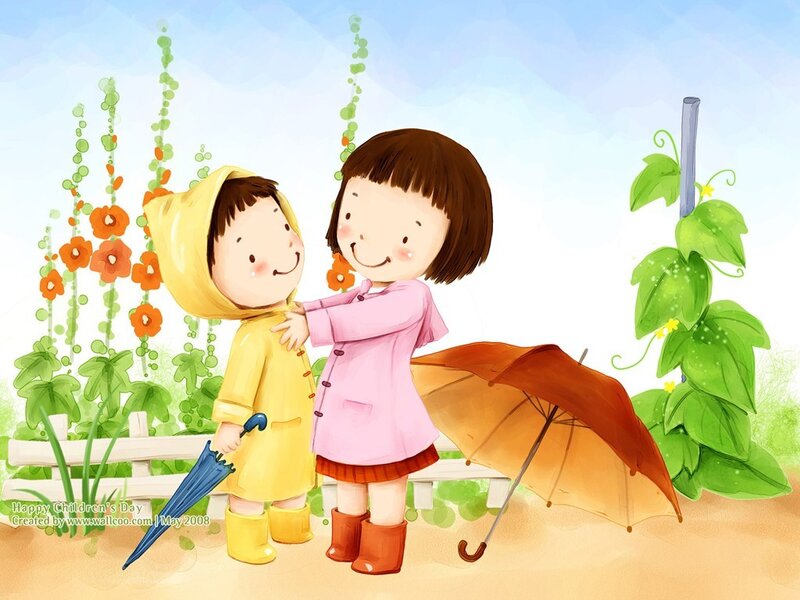 Children in raincoats with umbrellas